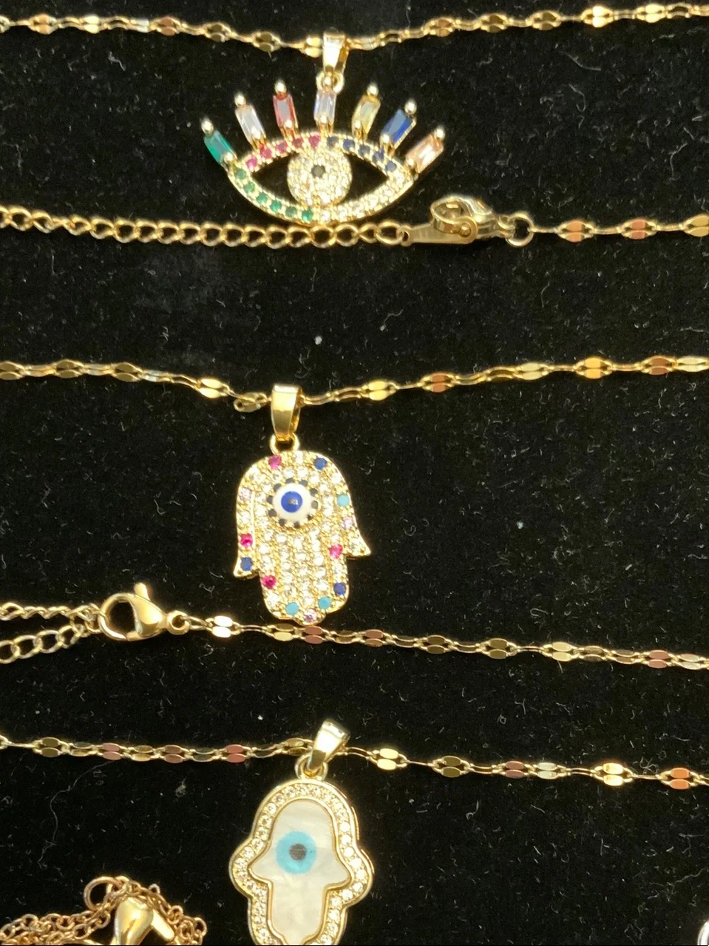 Gold Hamsa & Evil Eye Necklace Set with Blue Accents